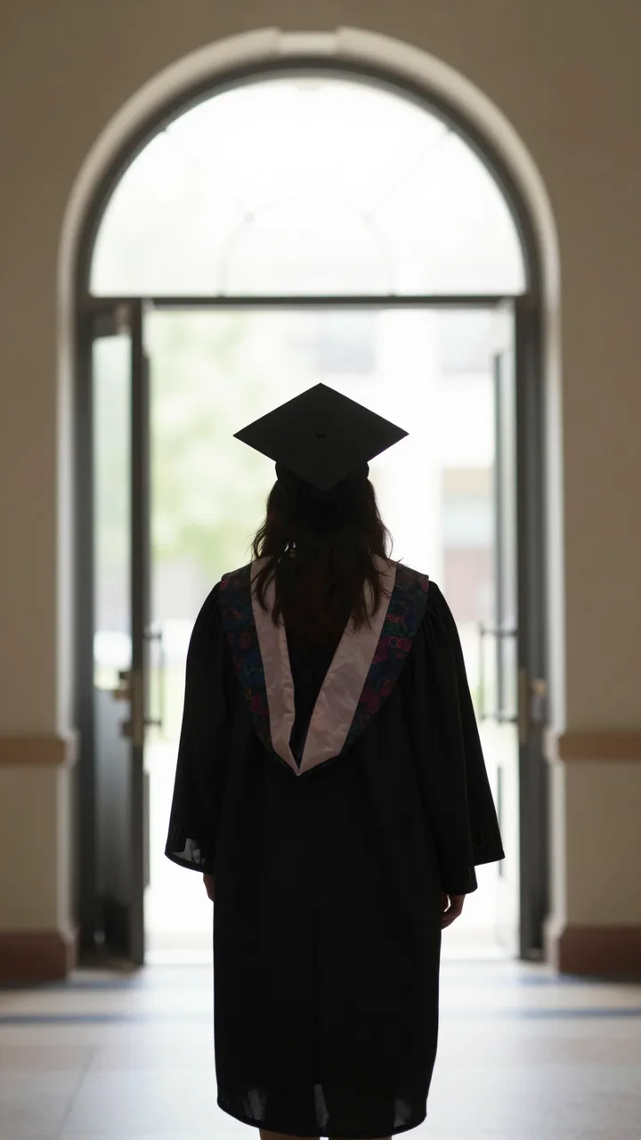 Back view of a graduate in cap and gown facing a bright arched doorway from an indoor hallway.