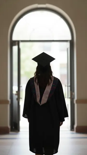 Back view of a graduate in cap and gown facing a bright arched doorway from an indoor hallway.