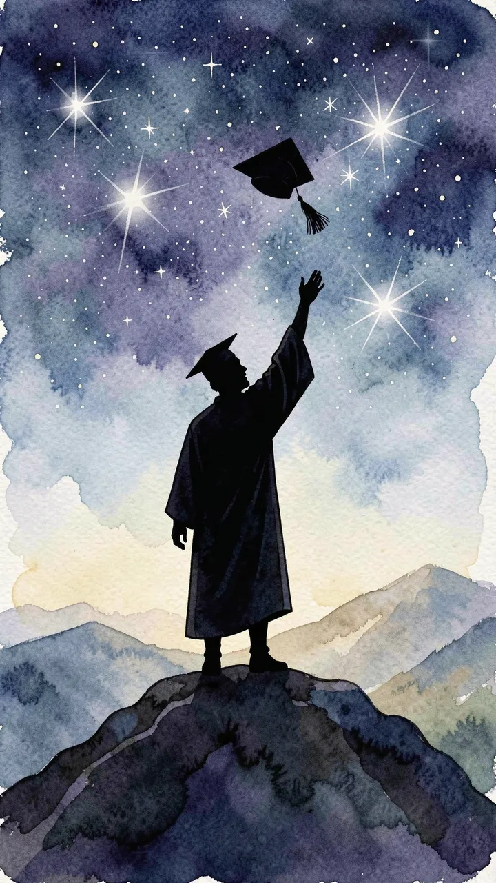 Watercolor silhouette of a graduate on a hilltop throwing their cap toward a starry night sky over distant mountains
