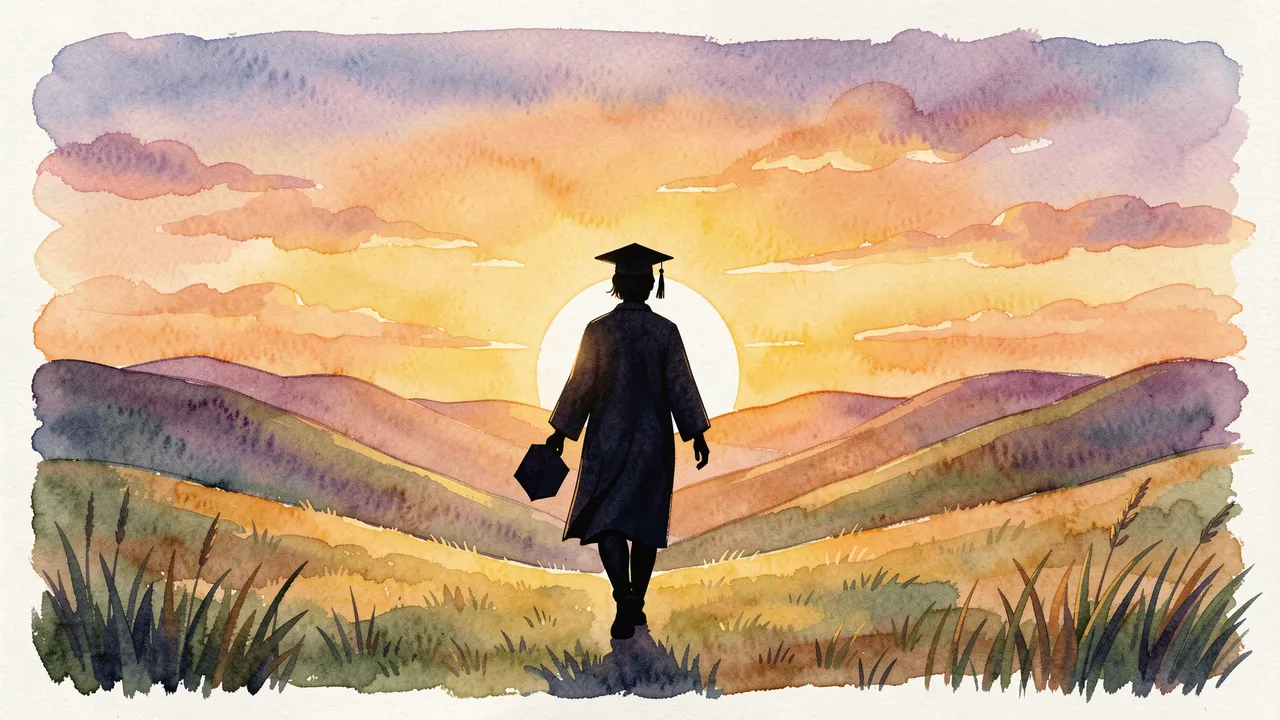 Watercolor silhouette of a graduate walking toward sunrise over rolling grassy hills, cap in hand