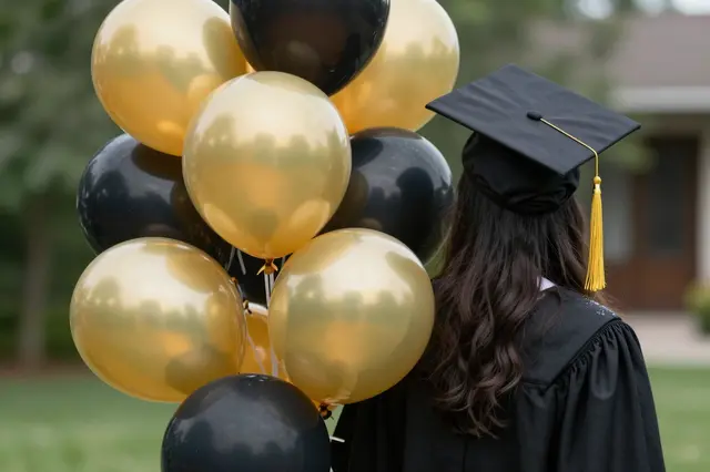 Back view of a graduate wearing a cap and gown beside a bunch of gold and black balloons in a backyard