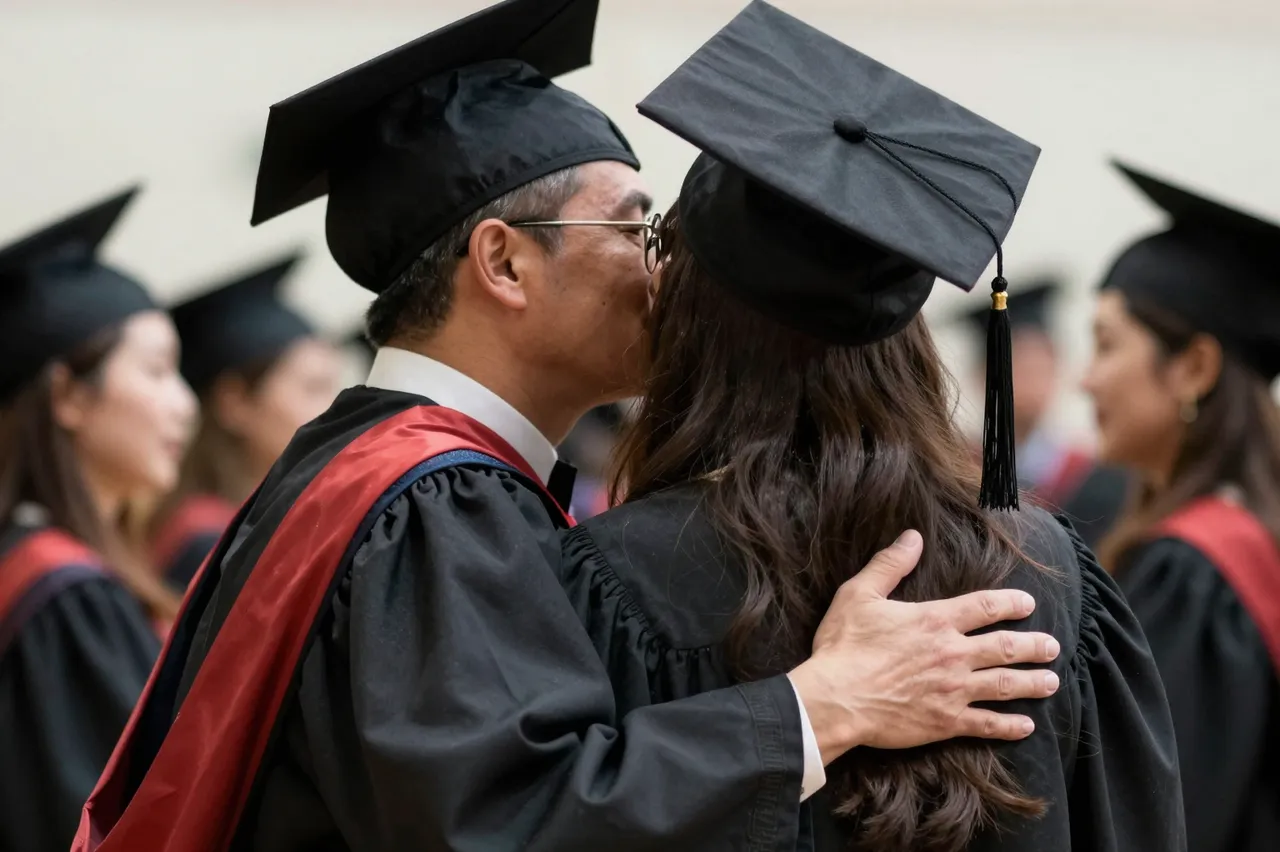 Two adult graduates in caps and gowns embrace while other ceremony attendees stand blurred in the background.