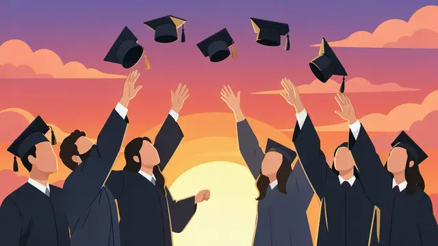 Faceless graduates in caps and gowns throw their graduation caps into a colorful sunset sky