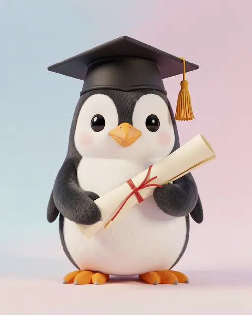 Cute fluffy 3D penguin wears a graduation cap and holds a rolled diploma against a soft pastel gradient background