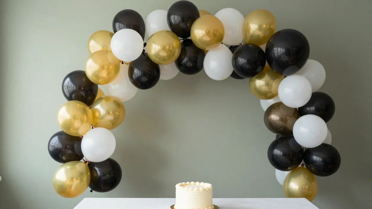 Black, white and gold balloon arch frames a small white cake on a table against a sage green wall