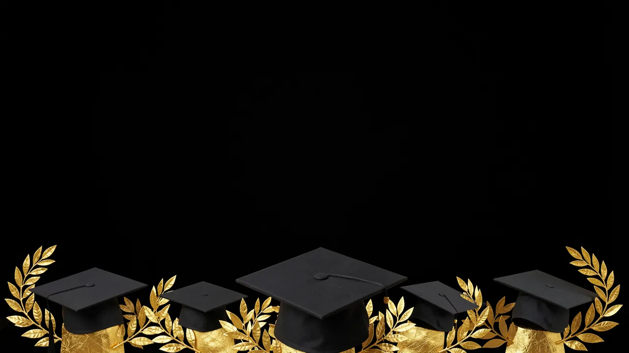 Gold foil laurel sprigs and black mortar caps line the bottom of a matte black background with empty copy space above