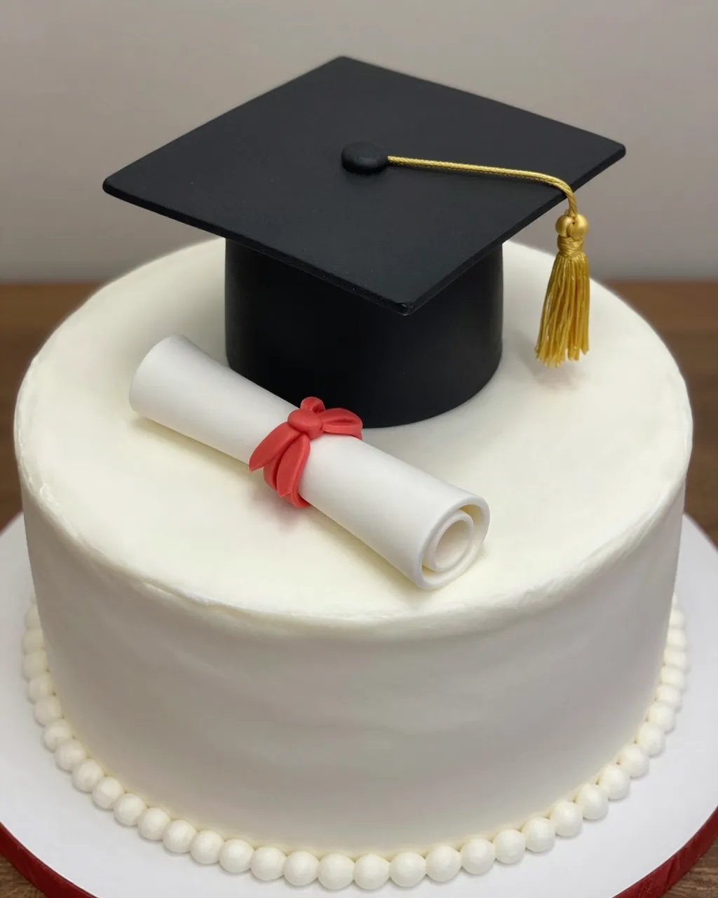 A white frosted graduation cake topped with a black fondant cap and rolled diploma topper.