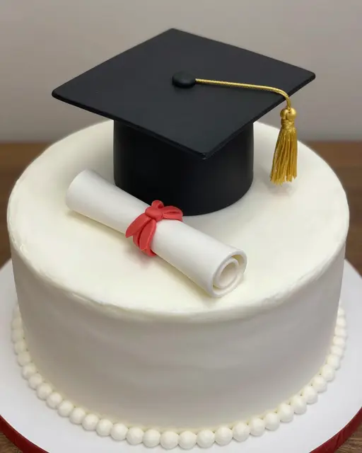A white frosted graduation cake topped with a black fondant cap and rolled diploma topper.