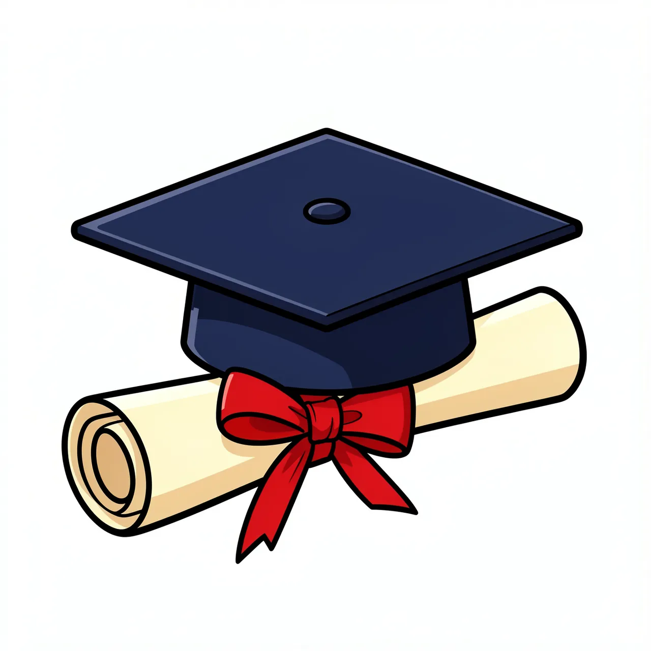 Cartoon illustration of a navy graduation cap resting on a rolled diploma tied with a red ribbon, isolated on a plain white