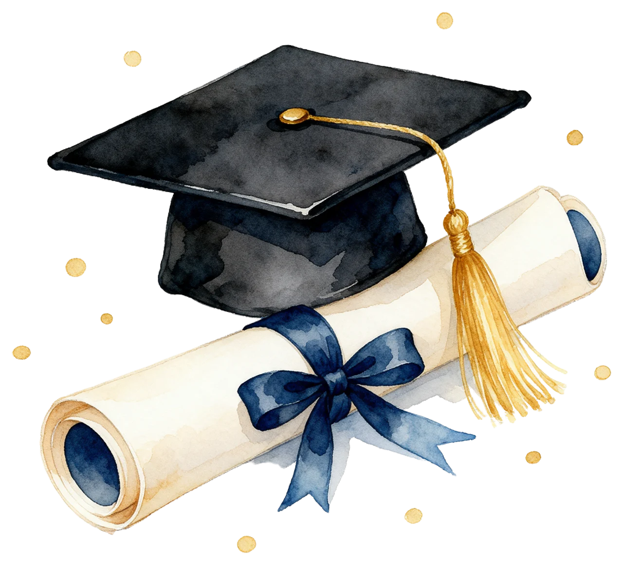 Watercolour illustration of a black graduation cap resting on a rolled diploma with gold confetti