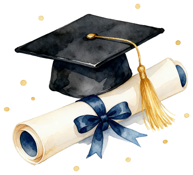 Watercolour illustration of a black graduation cap resting on a rolled diploma with gold confetti