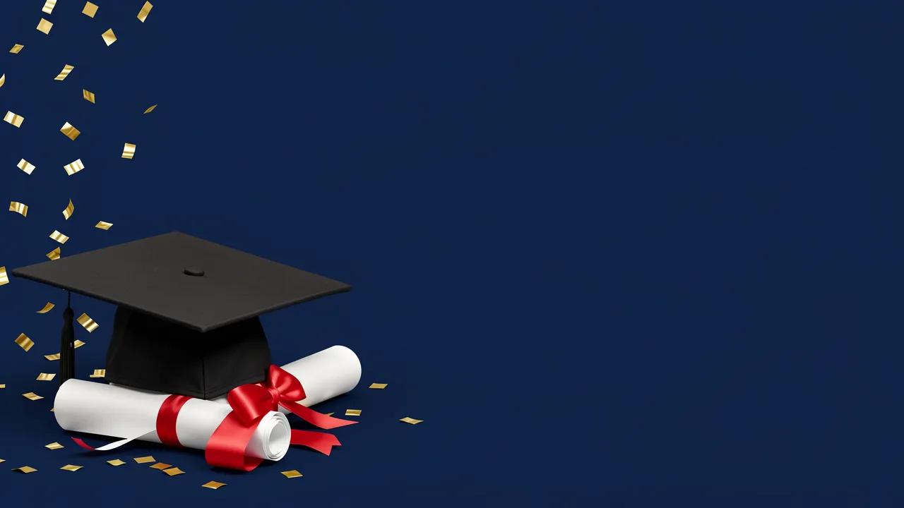 Black graduation cap and rolled diplomas with red ribbon sit on a navy background with falling gold confetti and empty copy