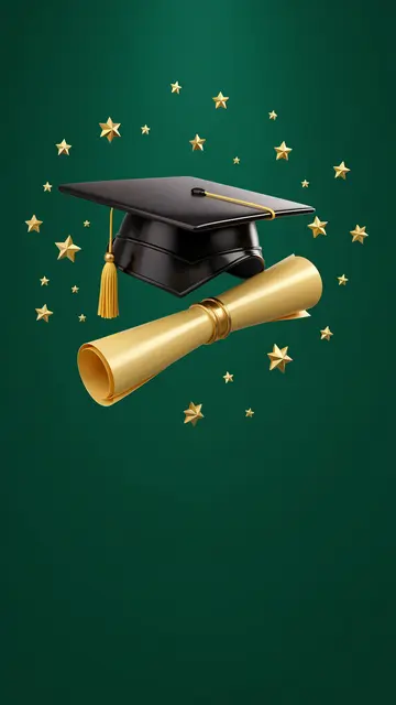 Floating glossy black graduation cap and gold diploma surrounded by golden stars on a deep emerald background with empty