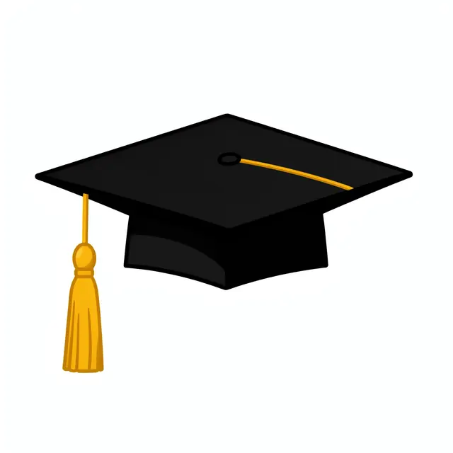 Flat clipart illustration of a black graduation cap with a gold tassel on a plain white background