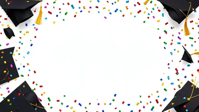 Black graduation caps and multicolor confetti frame a blank white central copy space