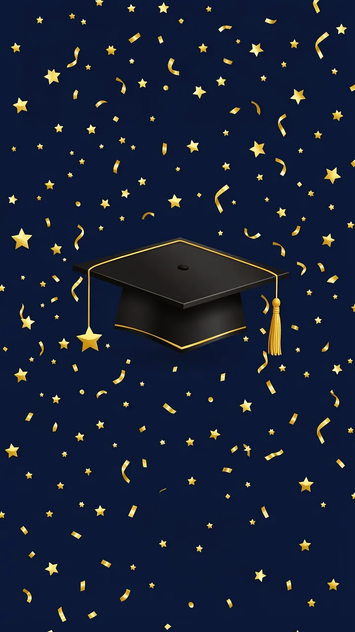 Black graduation cap with gold details sits surrounded by golden stars and confetti on a navy blue background