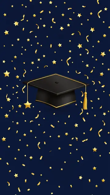 Black graduation cap with gold details sits surrounded by golden stars and confetti on a navy blue background