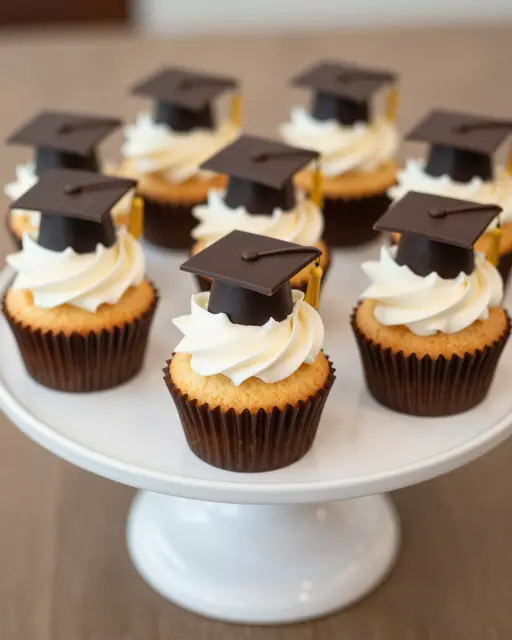 Cupcakes topped with tiny chocolate graduation caps arranged on a white cake stand