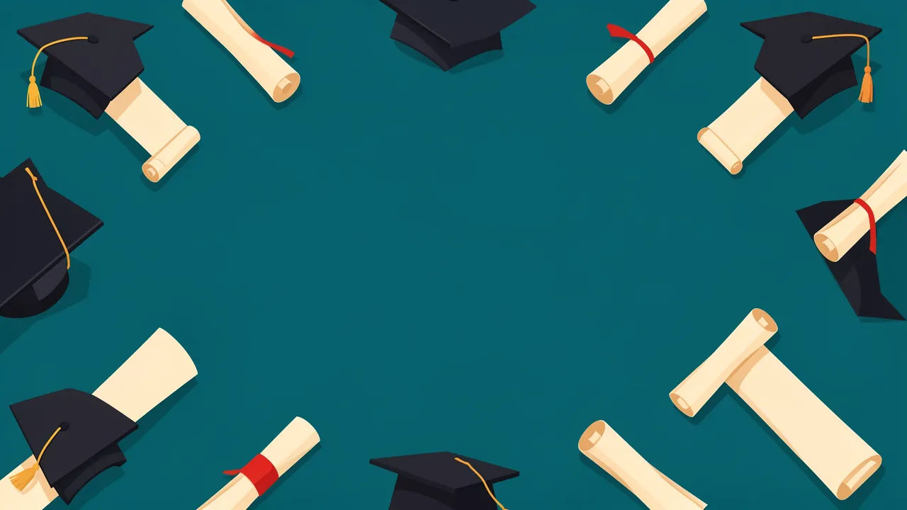 Flat vector border of graduation mortarboards and diploma scrolls framing an empty deep teal center