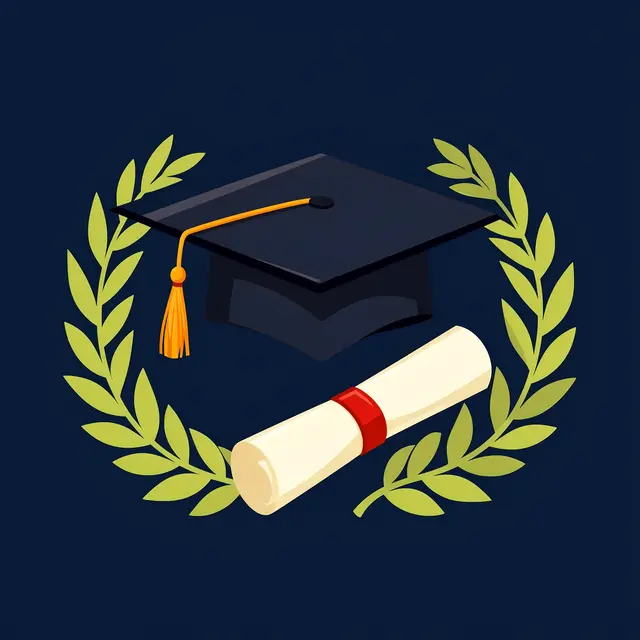 Flat illustration of a graduation cap, rolled diploma, and laurel leaves arranged on a solid navy background