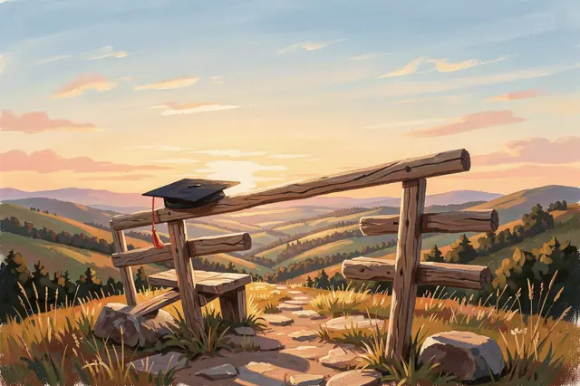 A mortarboard rests on a wooden hilltop fence overlooking a rolling valley at sunrise