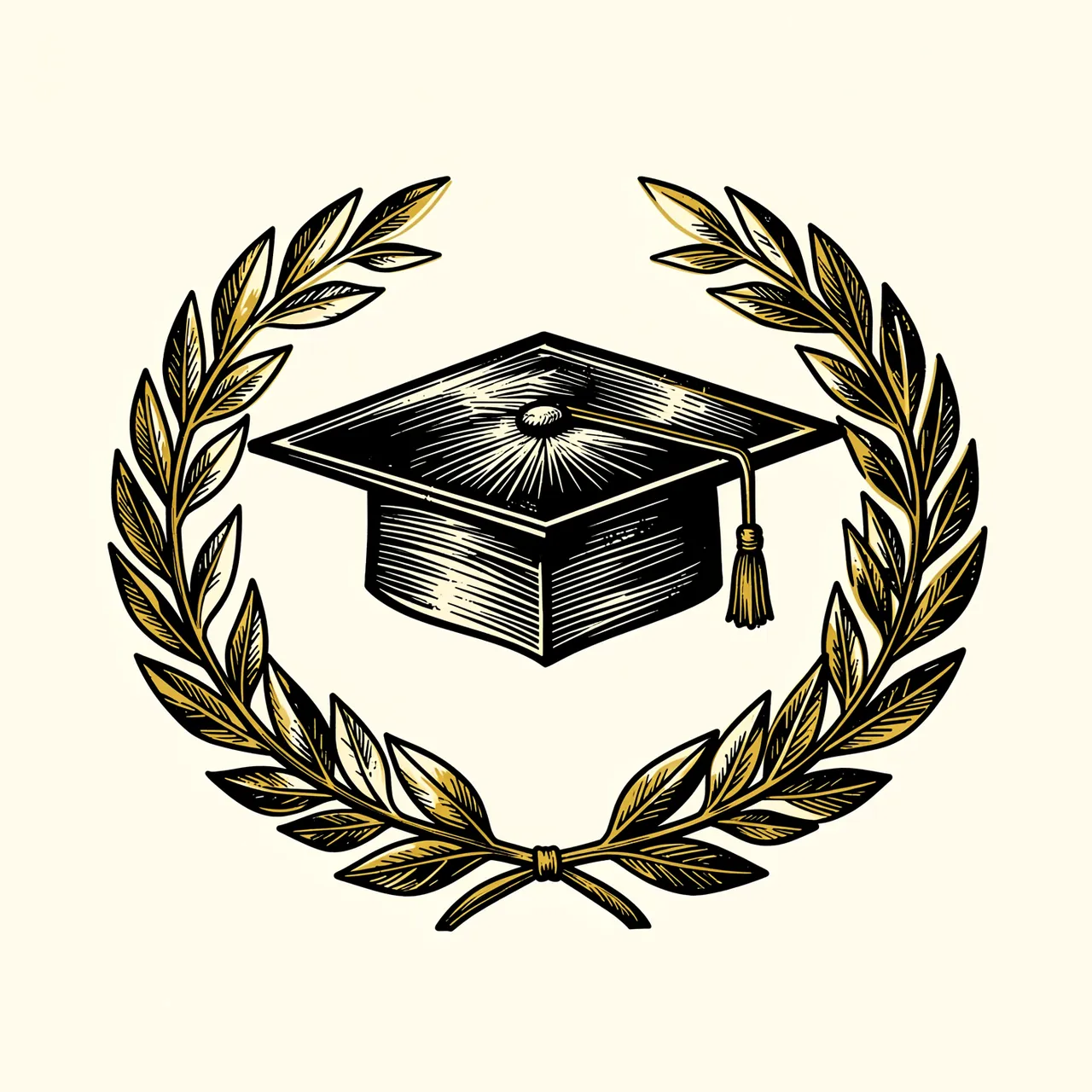 Linocut illustration of a mortarboard cap framed by a gold laurel wreath on cream background