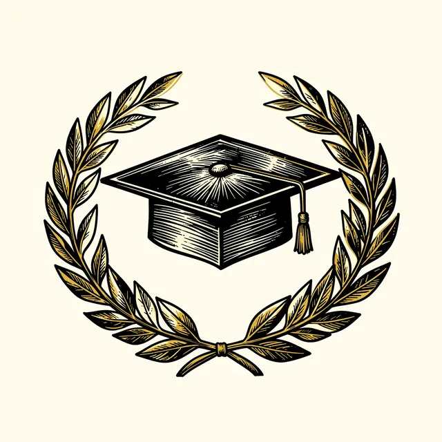 Linocut illustration of a mortarboard cap framed by a gold laurel wreath on cream background