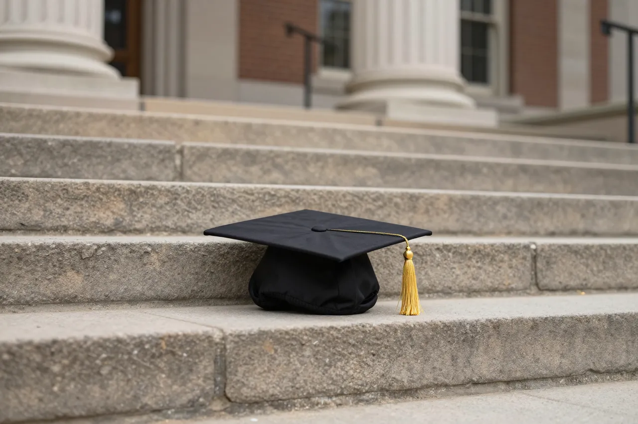 Black graduation cap with gold tassel rests on weathered stone campus building steps