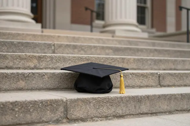 Black graduation cap with gold tassel rests on weathered stone campus building steps