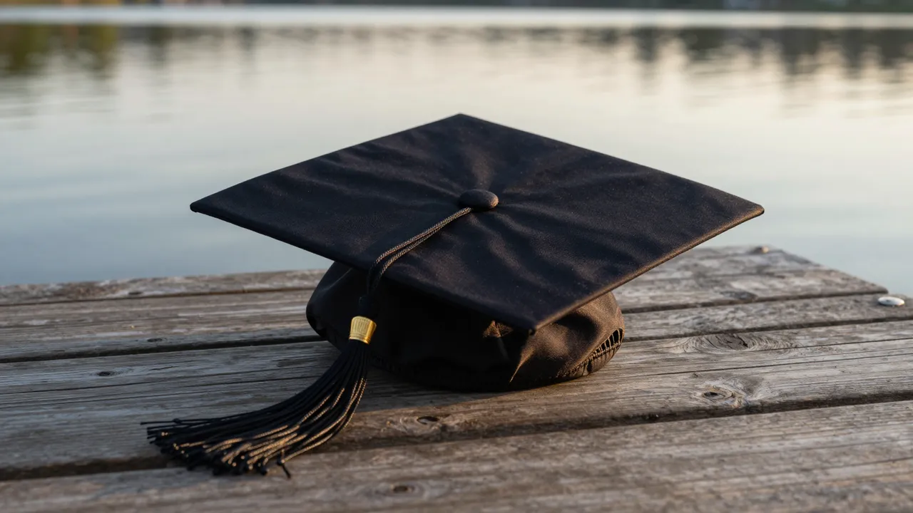 A black graduation cap rests on weathered wooden planks beside a calm lake at golden sunset