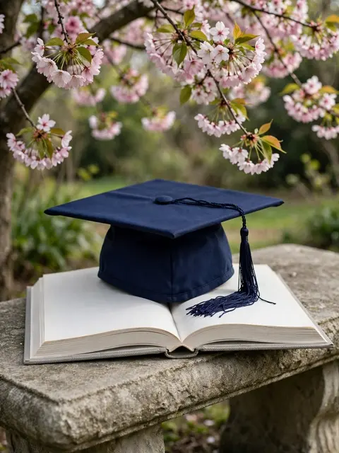 Navy graduation cap rests on an open blank book atop a stone bench beneath blossoming cherry tree branches