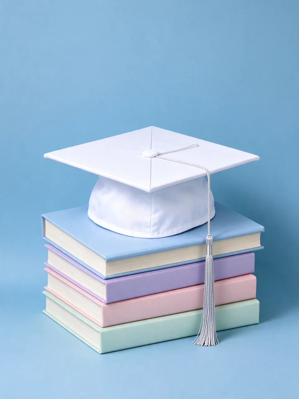 A white graduation cap with a silver tassel rests on a stack of pastel hardcover books against a solid light blue background