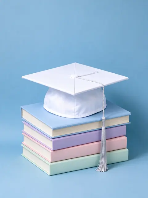 A white graduation cap with a silver tassel rests on a stack of pastel hardcover books against a solid light blue background