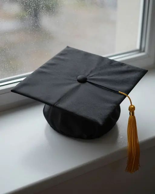 Black graduation mortarboard with gold tassel rests on a white windowsill beside a fogged rain-spotted window.