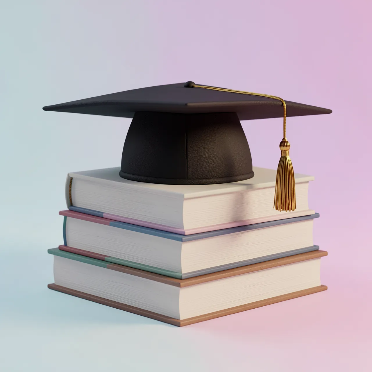 A black graduation cap with a gold tassel rests atop a neat stack of books against a soft pastel gradient background