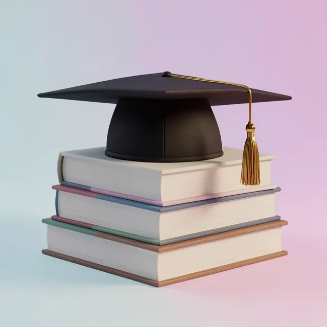 A black graduation cap with a gold tassel rests atop a neat stack of books against a soft pastel gradient background