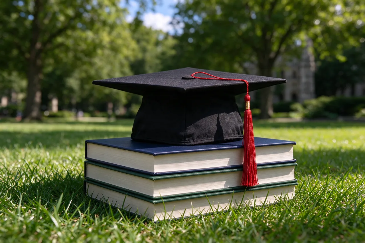 A black graduation cap with a red tassel rests on three hardcover books atop sunlit grass with blurred trees in the