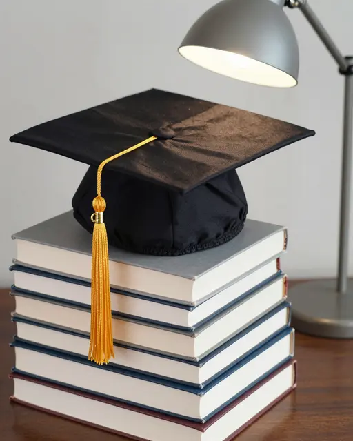Black graduation cap with gold tassel rests on plain book stack next to lit desk lamp on a wooden table