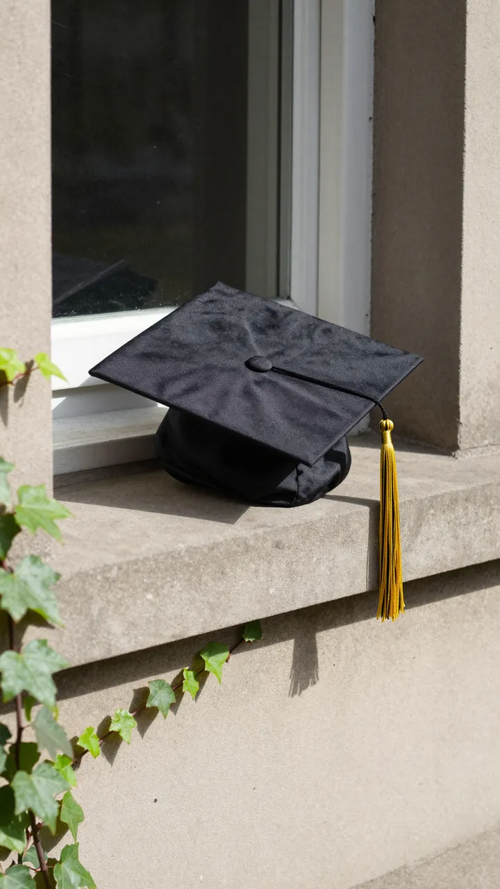 Black graduation cap with gold tassel rests on a stone windowsill beside ivy in bright morning sunlight