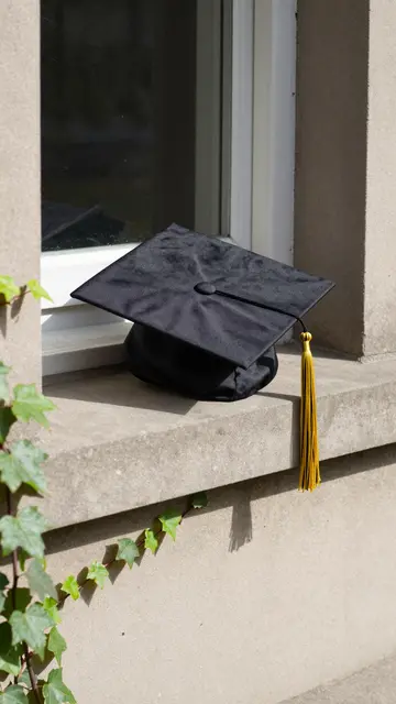 Black graduation cap with gold tassel rests on a stone windowsill beside ivy in bright morning sunlight