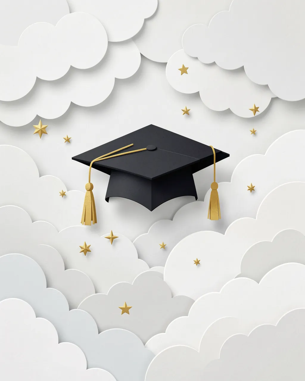 Paper cut graduation cap floats among layered paper clouds and scattered gold stars