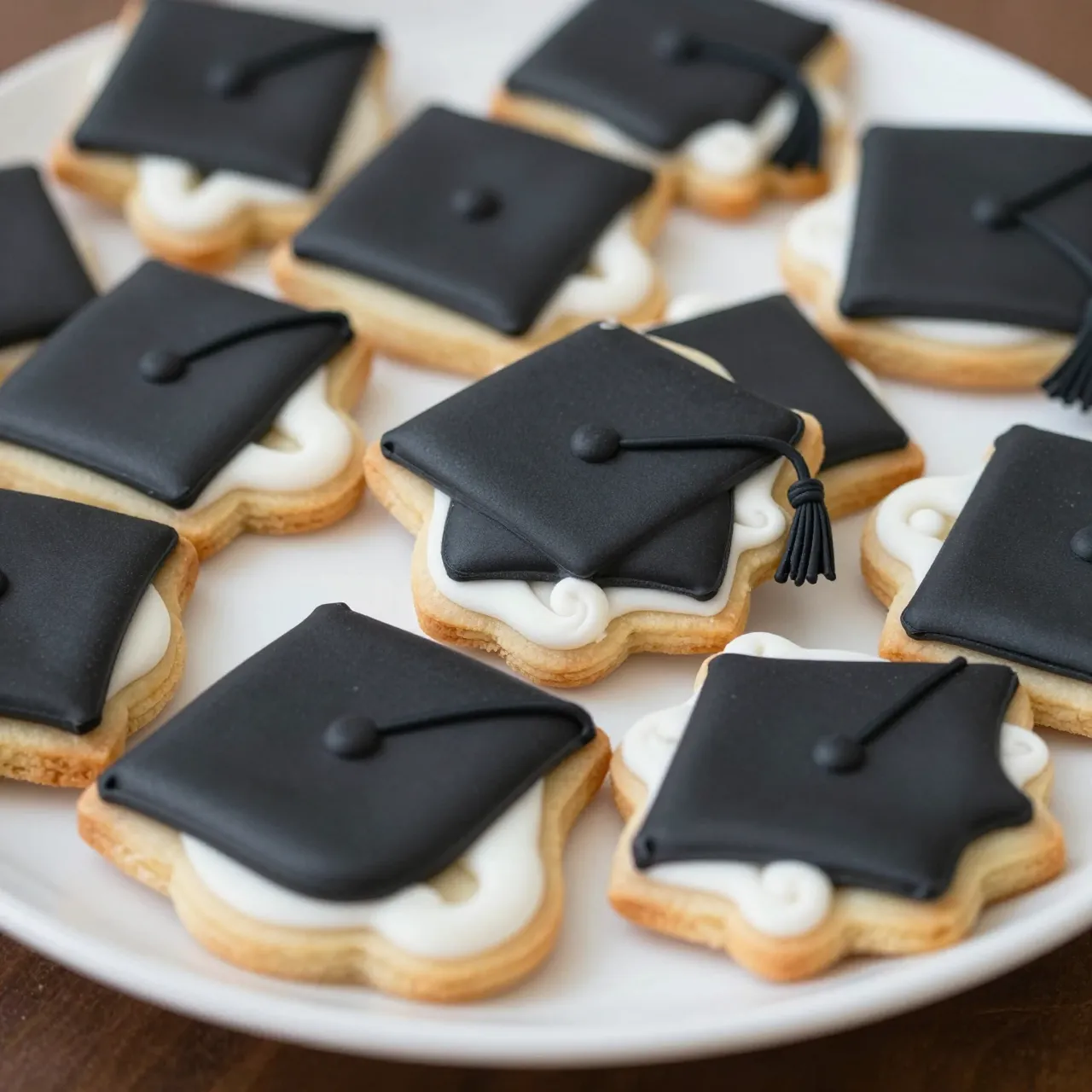 Iced sugar cookies decorated as graduation caps rest on a white serving platter
