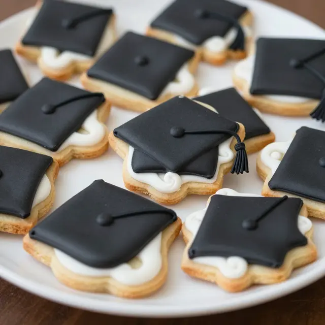 Iced sugar cookies decorated as graduation caps rest on a white serving platter