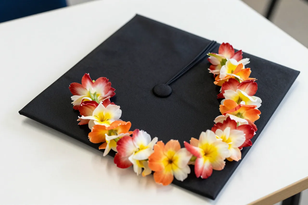 A black graduation cap rests on a white table draped with a colorful flower lei.