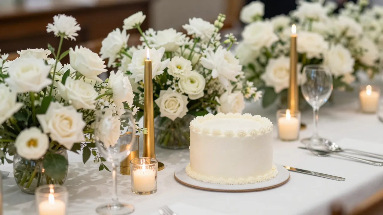 Set dinner table with white floral arrangements, lit gold candles, and a small frosted white cake.