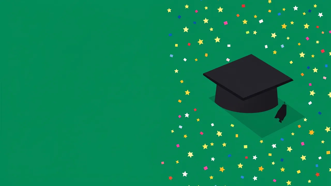 Black graduation mortarboard sits with colorful confetti on a solid emerald green background with empty left copy space