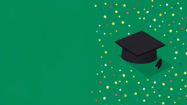 Black graduation mortarboard sits with colorful confetti on a solid emerald green background with empty left copy space