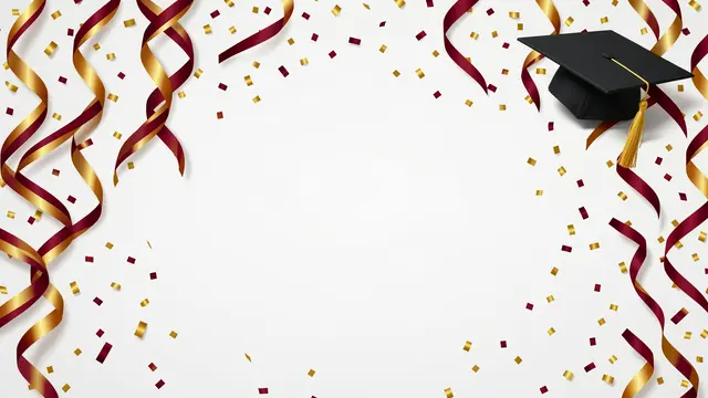 White empty background bordered by maroon and gold streamers, confetti, and a graduation cap in the top right corner