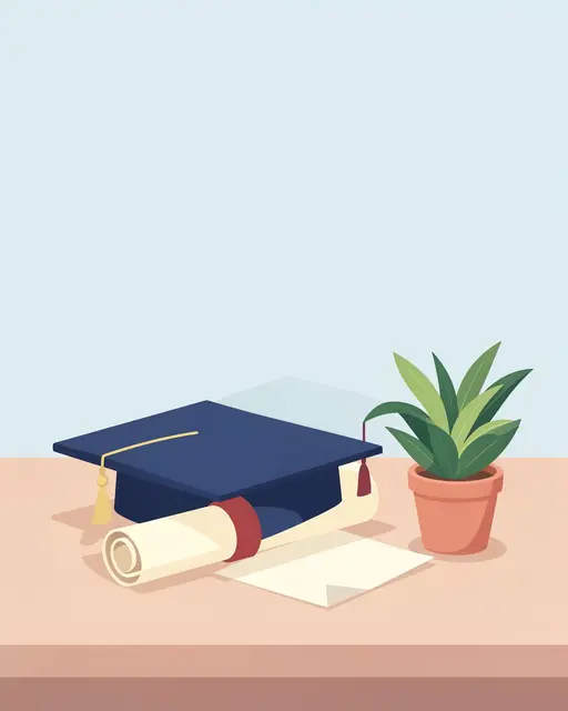 A flat vector illustration of a mortarboard, rolled diploma, and potted houseplant resting on a peach desk with empty pastel