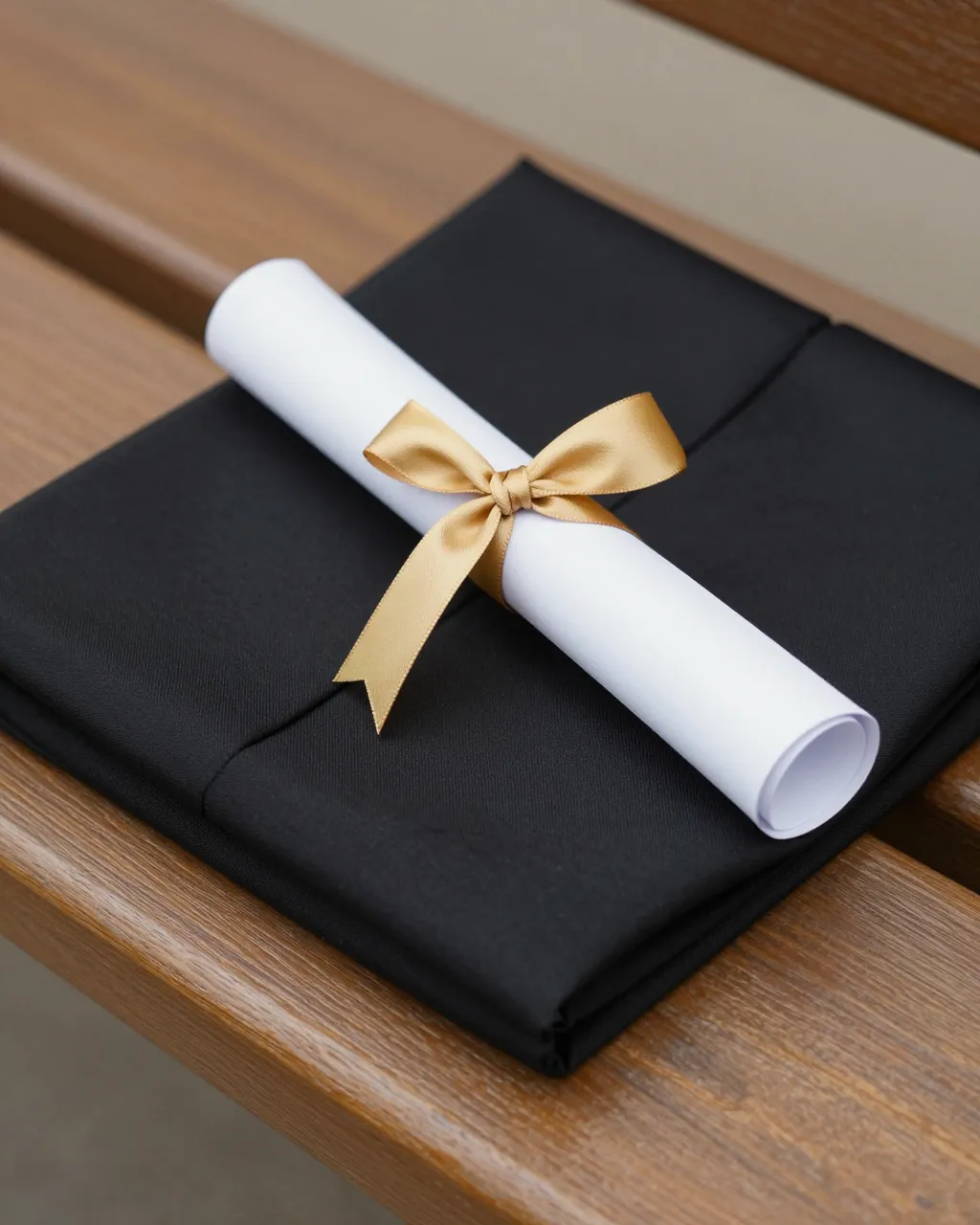 A rolled white diploma tied with a gold bow rests on a folded black graduation gown atop a wooden bench.